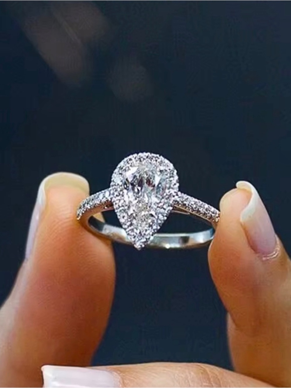 Italian Luxury Diamond Simulant Pear Halo Ring Elegant Engagement Style Sz 7 New - Picture 2 of 6